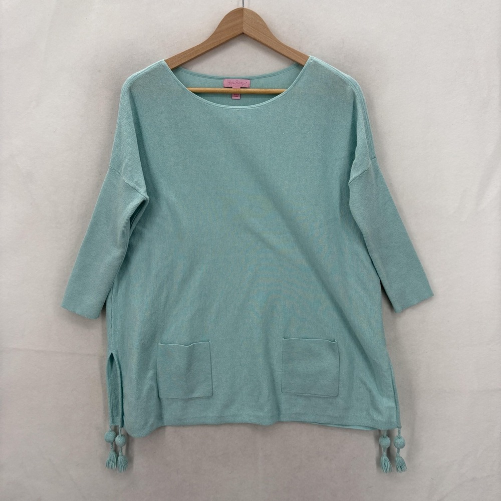 Lilly Pulitzer Elba Sweater Tunic Womens XXS Mint Green Tassel Hem Coolmax Knit